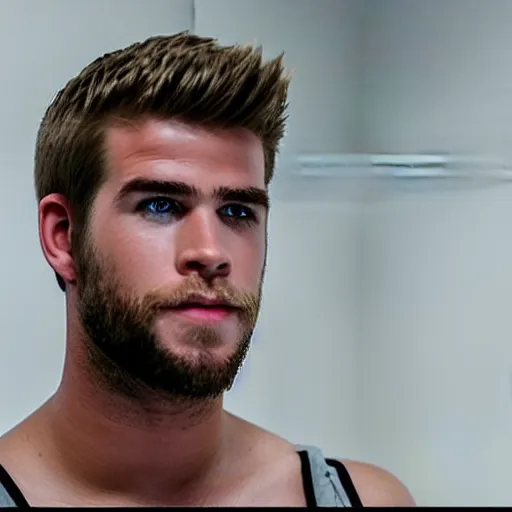 Image similar to “ a realistic detailed photo of a guy who is an attractive humanoid who is half robot and half humanoid, who is a male android, actor liam hemsworth, shiny skin, posing like a statue, blank stare, at the museum, on display ”