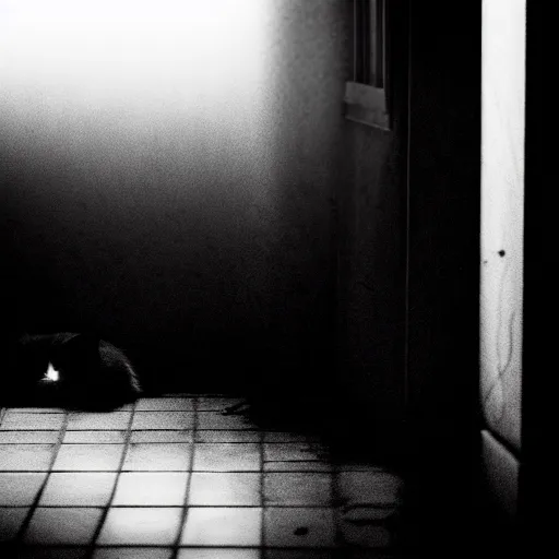 Image similar to depiction of the feeling of hopelessness, worthlessness, loneliness, of a cat, sad, frightening, depressing, miserable, stunning, intelligent, stark, vivid, sharp, crisp, ultra ambient occlusion, reflective, universal shadowing, 3 5 mm, ( 2 0 8 6 ) scary horror film still, extremely atmospheric lighting.