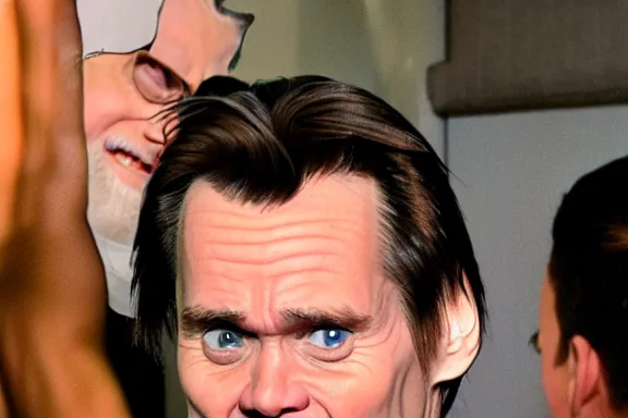 Image similar to jim carrey making a silly face in front of the bathroom mirror