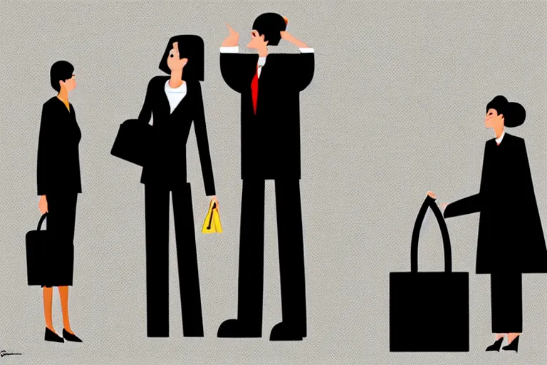 Image similar to tall, security guard checks the bags of a worried looking woman, art, satire