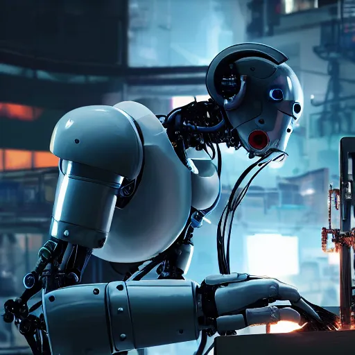 Prompt: a close up shot of a robot repairing in factory,cyberpunk,2077