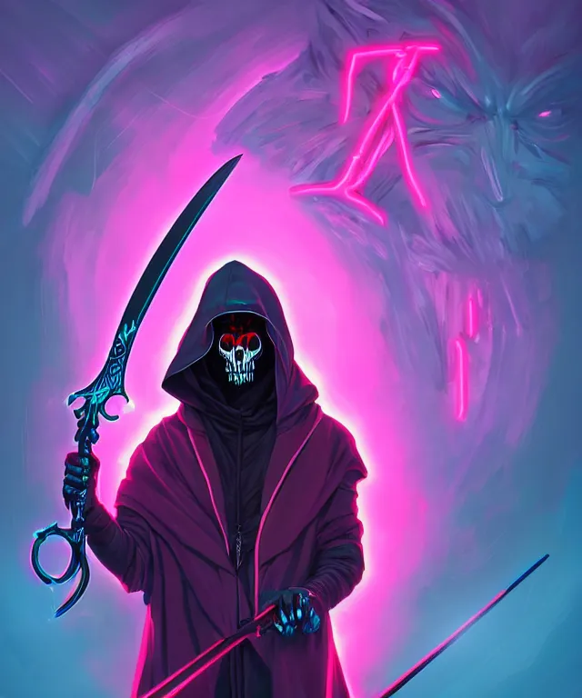 Image similar to a portrait of a hooded neon grimm reaper holding a single scythe, fantasy, elegant, digital painting, artstation, concept art, matte, sharp focus, illustration, art by josan gonzalez