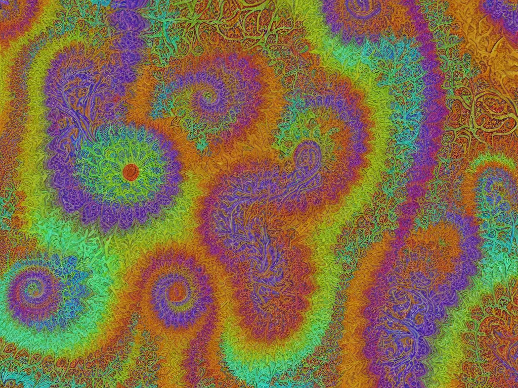 Prompt: 3d multicolor fractal swirling maze paisley lichen patterns