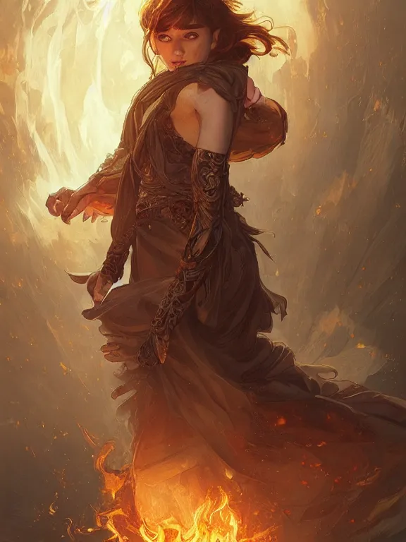 Image similar to young summoner with a fire elemental, fantasy, man, intricate, elegant, highly detailed, digital painting, artstation, concept art, wallpaper, smooth, sharp focus, illustration, art by artgerm and greg rutkowski and alphonse mucha