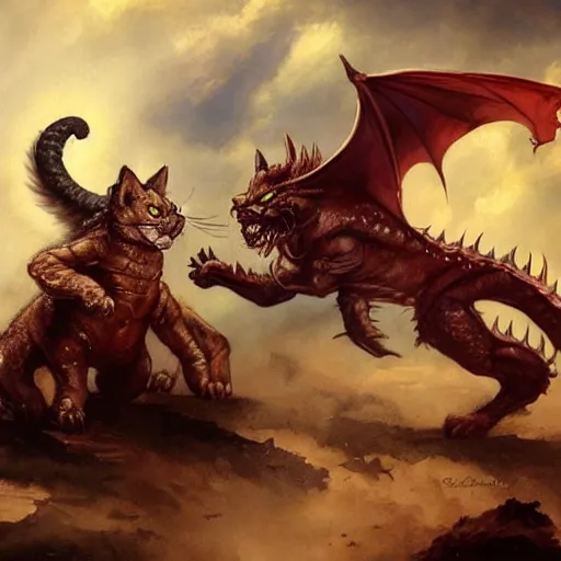 Image similar to A cat dragon fighting a Dog dragon by Lucas Graciano, Frank Frazetta, Greg Rutkowski, Boris Vallejo, epic, fantasy, character art, high fantasy