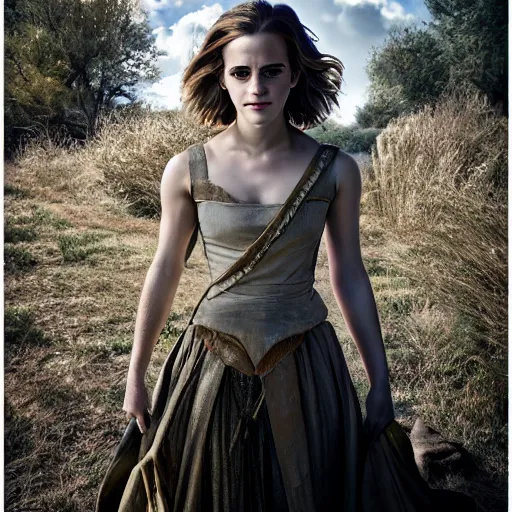 Image similar to Emma Watson as Artemisia, (Sony a7R IV, symmetric balance, polarizing filter, dynamic range, HDR, staggered depth)