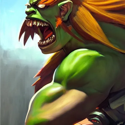 Image similar to greg manchess portrait painting of partially armored blanka from street fighter as overwatch character, medium shot, asymmetrical, profile picture, organic painting, sunny day, matte painting, bold shapes, hard edges, street art, trending on artstation, by huang guangjian and gil elvgren and gerald brom