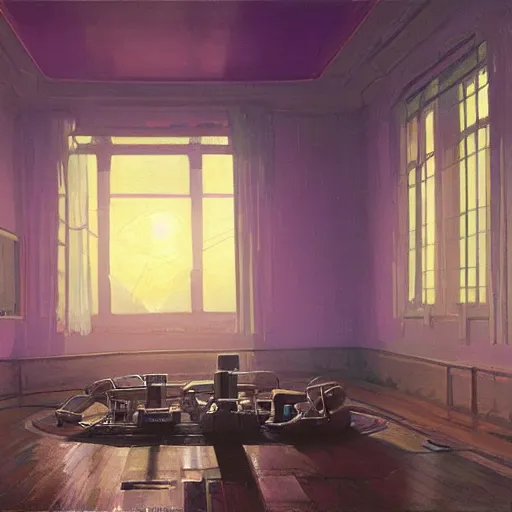 Image similar to painting of syd mead artlilery scifi organic shaped empty room. fossil ornaments, volumetric lights, purple sun, andreas achenbach, simon stalenhag