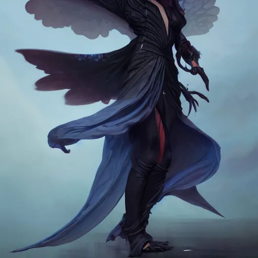 Prompt: character portrait of a modest robed dark raven angel with iridescent black raven wings, by Peter Mohrbacher, Mark Brooks, Jim Burns, Wadim Kashin, Greg Rutkowski, trending on Artstation