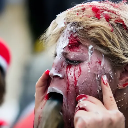 Image similar to close - up photo of a trump supporter crying, soaked in tears, mascara running down, bloodshot eyes, street photography, canon 2 0 0 mm lens f 2. 8