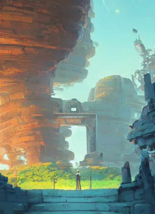 Image similar to warm canyon with giant gate entrance, nuclear powered, detailed, futuristic, cory loftis, james gilleard, atey ghailan, makoto shinkai, goro fujita, studio ghibli, rim light, exquisite lighting, clear focus, very coherent, plain background