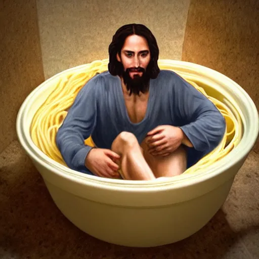 Image similar to Jesus in a bathtub full of noodles