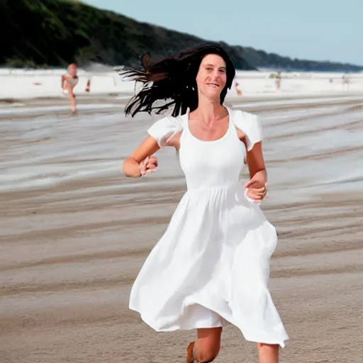 Prompt: dark haired woman in a white dress running on the beach