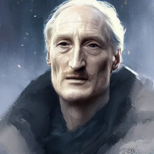 Image similar to portrait of a man by greg rutkowski, he looks like charles dance, star wars expanded universe, he is about 7 0 years old, wearing white and red chancellor clothes of the galactic triunvirate.