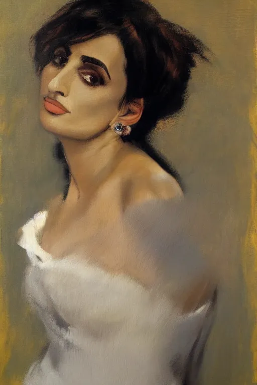 Prompt: oil painting, portrait of penelope cruz, artwork by edgar degas