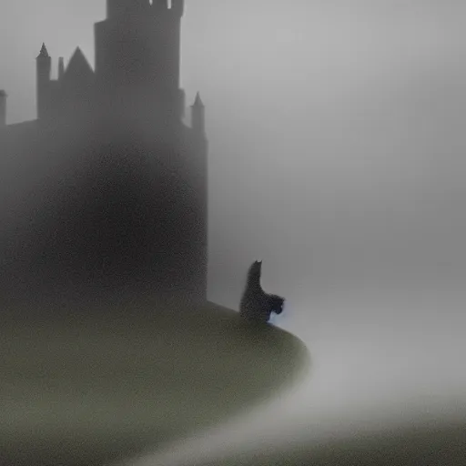 Image similar to a dark vallcy with a huge gloomy castle, fog. a little boy and a black cat