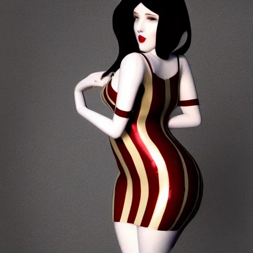 Image similar to an elegant curvy feminine pale goth cutie wearing an elaborate latex-nylon-leather striped red-black-silver-gold tube dress, thin waist, cgsociety, photorealistic, 16k, smooth, sharp focus, trending on ArtStation, volumetric lighting, worksafe, sublime-comforting-intriuging ambience