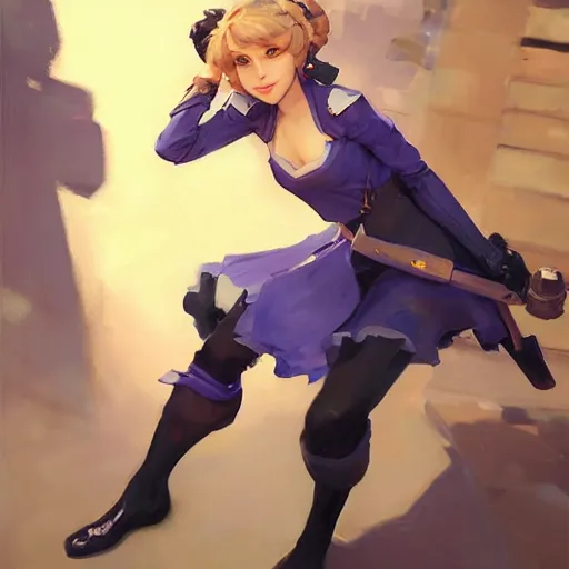 Image similar to greg manchess portrait painting of violet evergarden as overwatch character, totally whack, medium shot, asymmetrical, profile picture, organic painting, sunny day, matte painting, bold shapes, hard edges, street art, trending on artstation, by huang guangjian and gil elvgren and sachin teng