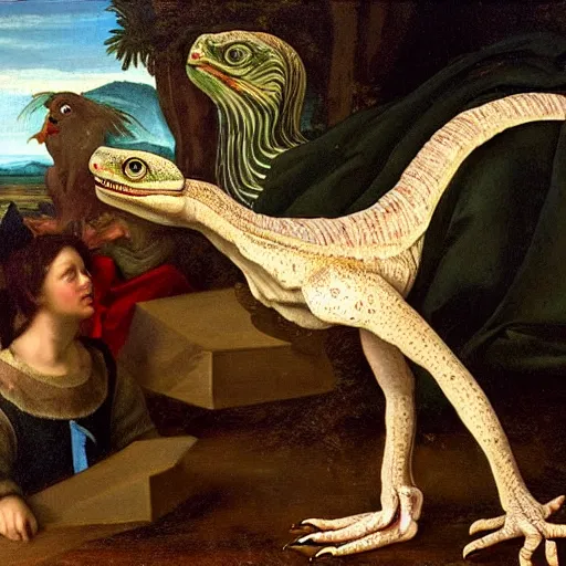 Image similar to renaissance painting of a velociraptor wearing a fancy male Victorian style suit