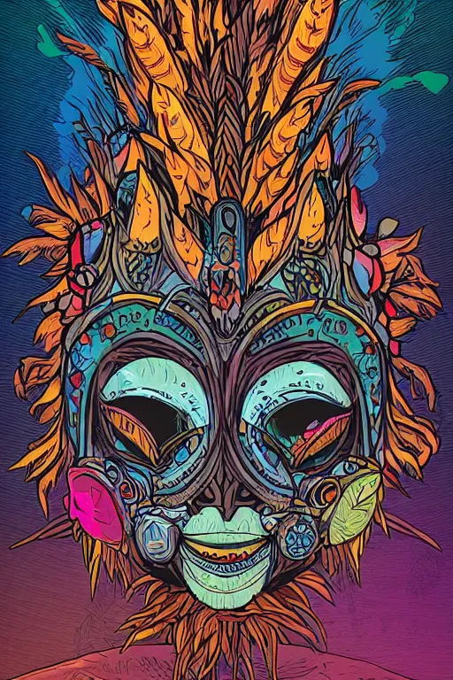 Image similar to animal mask totem roots flower tribal feather gemstone plant wood rock shaman vodoo video game vector cutout illustration vivid multicolor borderlands comics by josan gonzales and dan mumford radiating a glowing aura