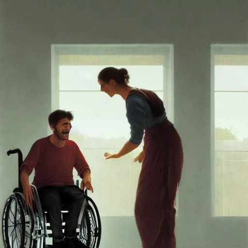 Image similar to a male patient in a wheelchair in the hospital with his wife and son standing by. happy, cheerful, smiling, intricate, face enhance, cinematic lighting, featured in artistation, 8 k, art by greg rutkowski, william adolphe bouguereau