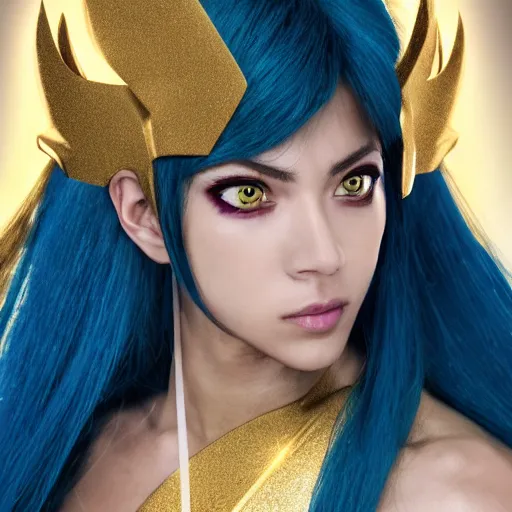 Image similar to a beautiful photographic shot of saga gold saint of gemini, saint seiya, beautiful natural light failling on her face, by annie leibowitz