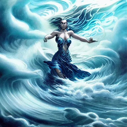 Prompt: fully clothed powerful goddess of water clothed in swirling water striding through a stormy sea, highly detailed matte fantasy painting, stormy lighting, by ross tran and artgerm and peter mohrbacher