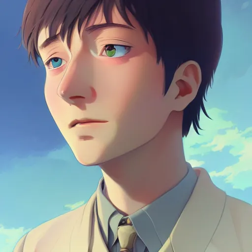 Image similar to portrait of zelenskiy, artstation, cartoon, elegant, highly detailed, digital painting, masterpiece art by ghibli!, makoto shinkai!, bluth!, fujita goro!, giraud!, ghailan!, akihiko yoshida!, fadeev! 8 k