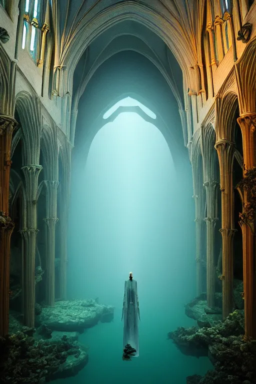 Prompt: hyperrealistic precisionist cinematic underwater dystopian neo - gothic cathedral ruins with giant luminescent colorful aquatic plants, digital art masterpiece, aykut aydogdu eric zener, dramatic volumetric light, long shot, low angle uhd 8 k, sharp focus