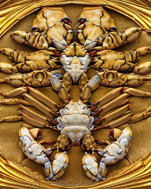 Image similar to symmetry, intracate marble bas relief sculpture, gold wire inlay, thousands of crabs crabs crabs crabs crabs crabs, spiders, snakes, highly detailed, octane, 8 k, hdr, hr geiger, ridley scott, alphonse mucha, trending on artstation