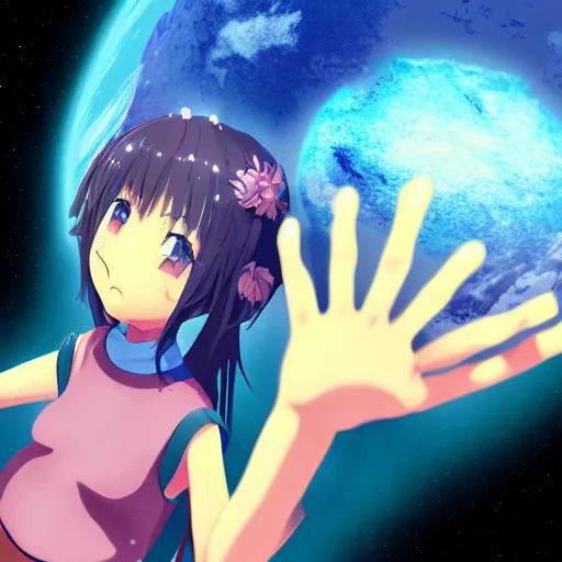 Prompt: An anime girl holding and terraforming a planet on her hands, wide-shot, high detail, 4k, digital art, artstation, 8k, very detailed