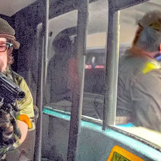 Image similar to sam hyde firing a rpg into a city bus, 4 k, realistic, serious, gritty, sam hyde