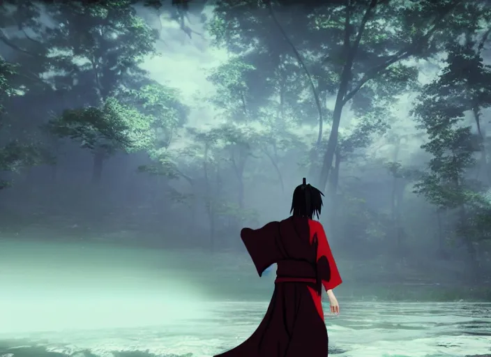 Image similar to itachi using susanoo, ultra realistic 4 k unreal engine very cinematic render with ray tracing bloom ambient occlusion strong reflections depth of field fog