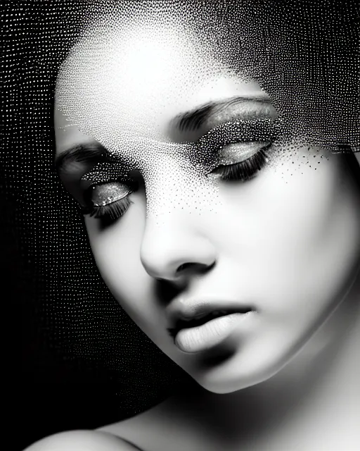 Prompt: black and white dreamy spiritual female water - cyborg high quality portrait photo, microchip leaves, artificial intelligence, cinematic, rim light, photo - realistic, elegant, high detail, 8 k, masterpiece, high fashion, in the style of man ray