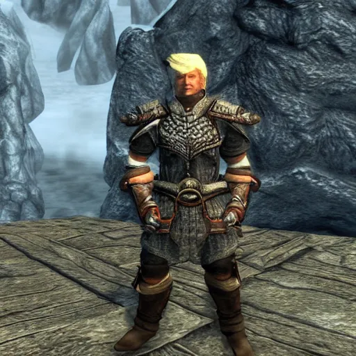 Prompt: video game screenshot of donald trump in skyrim