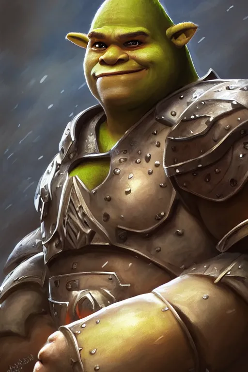 Prompt: A realistic anime portrait of Shrek, warrior, D&D, two handed Axe, full body plated armor, dungeons and dragons, tabletop role playing game, rpg, jrpg, digital painting, by Stanley Artgerm Lau, Frank frazzeta, WLOP and Rossdraws, digtial painting, trending on ArtStation, SFW version