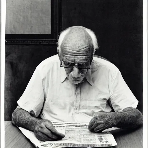 Image similar to serious old man sitting at the table and reading newspapers, portrait, black and white, photograph, ultra realistic, grainy, highly detailed, Diane Arbus