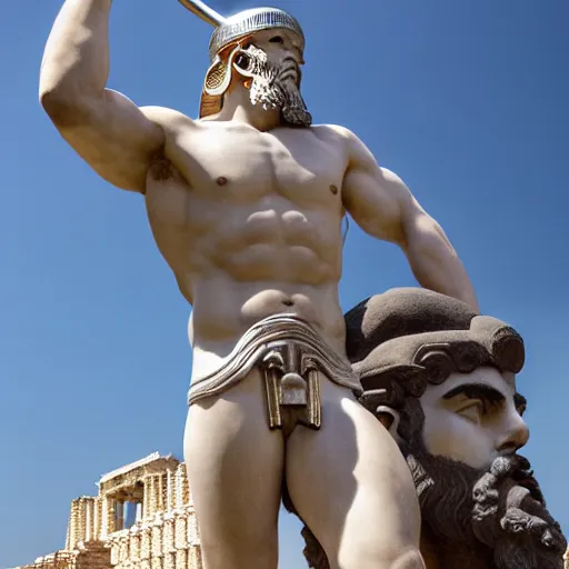 Image similar to tiny greek goddess in steel helmet standing on a giant greek bearded male head of Zeus, greek temple of olympus glory island, late afternoon light, wispy clouds in a blue sky, by frank lloyd wright and greg rutkowski and ruan jia