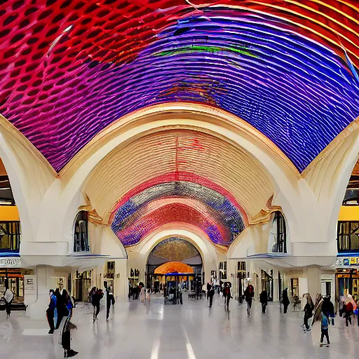 Prompt: elaborate and beautiful train station hall filled with travelers, designed by zaha hadid, bold colored walls, tall ceilings, large windows, lots of bold colors, unique architecture, sunbeams, detailed 8k