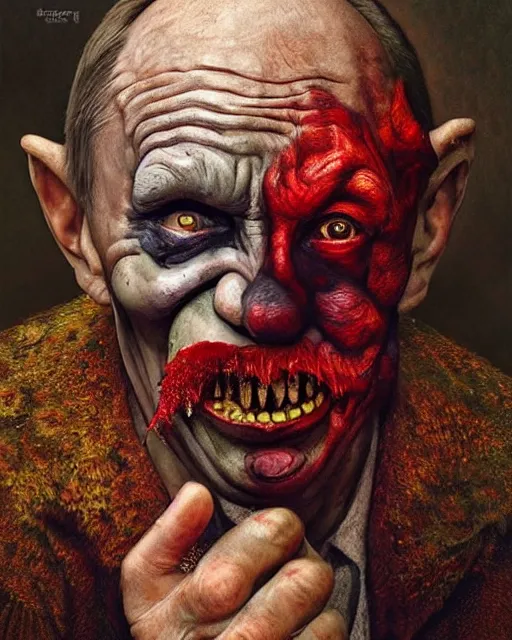 Image similar to photorealistic portrait photograph of vladimir putin as an old pathetic goblinoid demon clown, kobold, upper body, fantasy, bloody, depth of field, soft focus, highly detailed, intricate, realistic, national geographic cover, soft glow, textured, artstation, sharp focus, illustration, art by artgerm and greg rutkowski and alphonse mucha