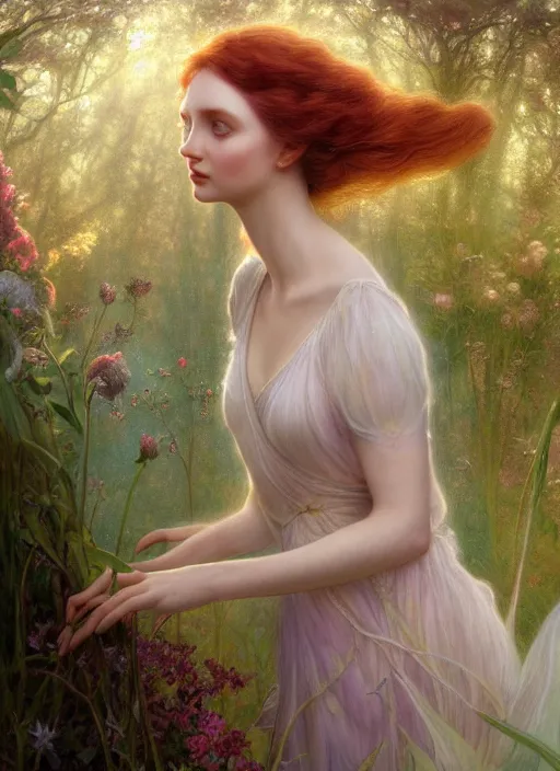 Image similar to hyper realist matte digital painting of a beautifyl fairy, resembling lily cole, in a sunlit clearing, flowers, fairytale, fantasy art, photo realistic, dynamic lighting, artstation, volumetric lighting, by mucha, by charlie bowater, by karol bak, by alma tadema