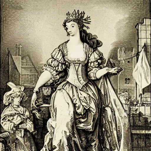 Image similar to Lady Britannia, by William Hogarth, crosshatching, 18th century art