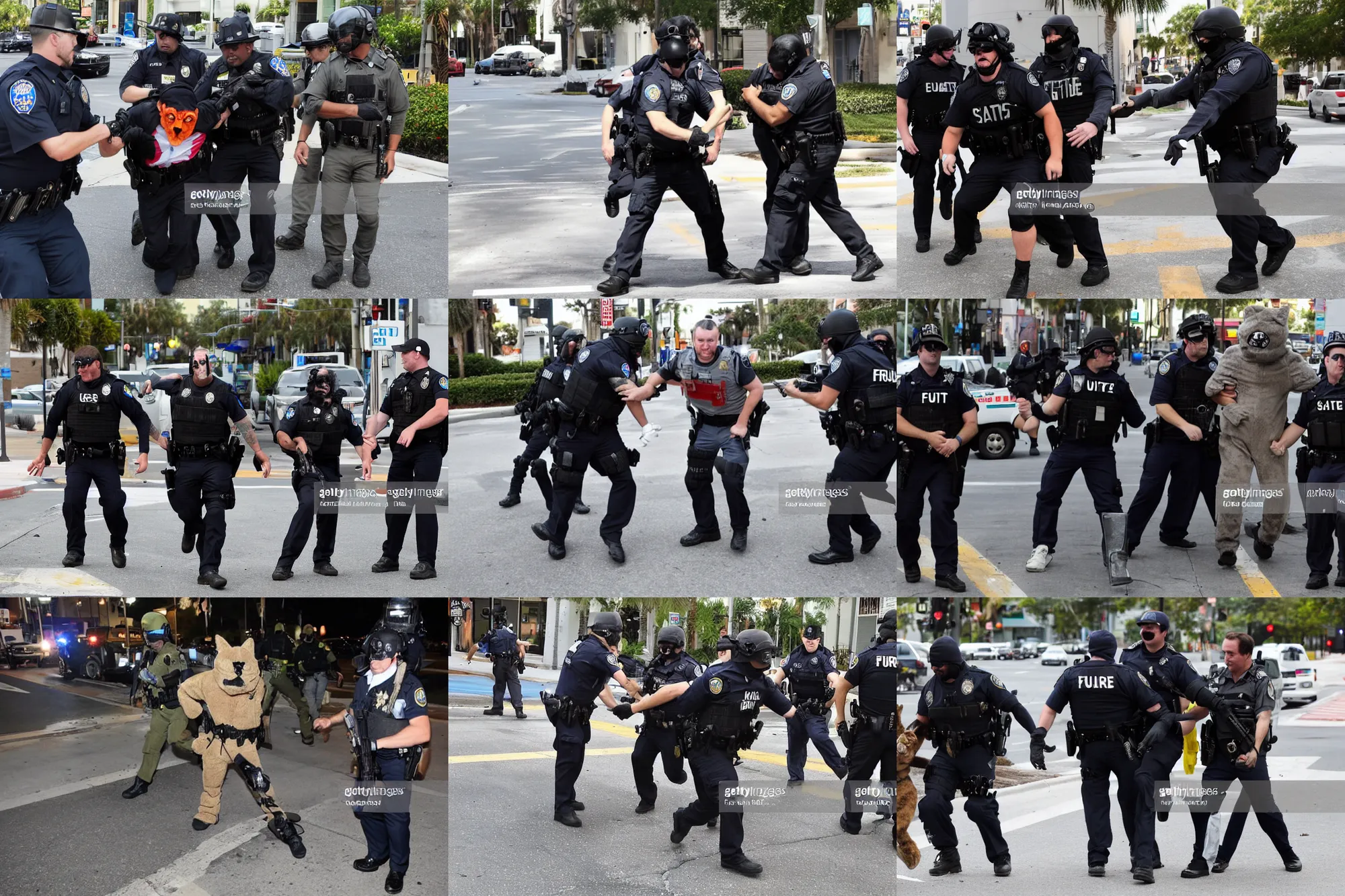 Prompt: news photo of a guy in a random furry costume being arrested by swat and fbi in downtown city in florida