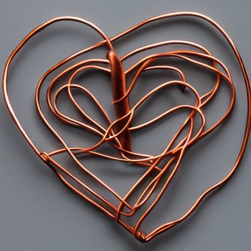 Image similar to photo of a beautiful organic sculpture made of copper wires and pipes in the shape of a human heart. studio lighting, high resolution