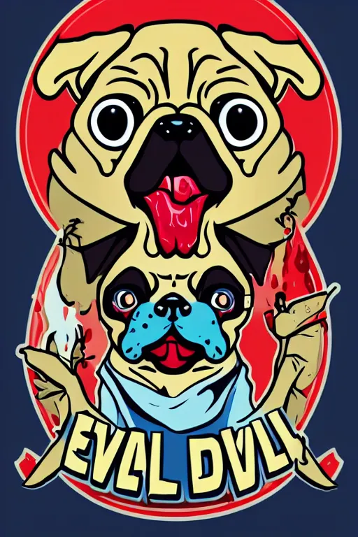 Image similar to Evil pug, the devil, sticker, blood thirsty, spawn of Satan, blood, evil, colorful, illustration, highly detailed, simple, smooth and clean vector curves, no jagged lines, vector art, smooth