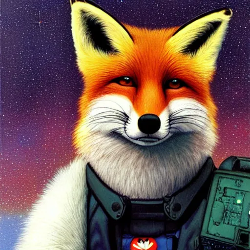 Image similar to a portrait of fox mccloud by peter elson, furry art, with a sci fi city background by syd dutton