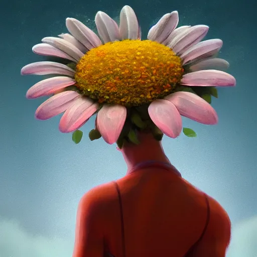 Prompt: closeup, huge daisy flower head, woman in modern city, surreal photography, night light, dark, impressionist painting, digital painting, artstation, simon stalenhag