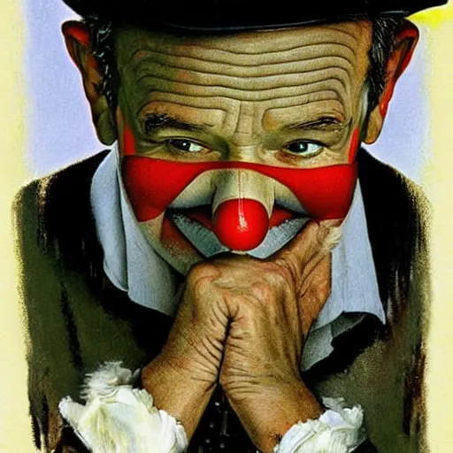 Image similar to Robin Williams as a sad clown painted by Norman Rockwell