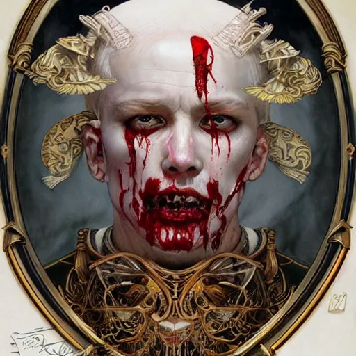 Image similar to whirling ornate intricate portrait of a bloodied filigreed butcher, rippling, warping, ultra realistic, concept art, intricate details, eerie, highly detailed, photorealistic, octane render, 8 k, unreal engine. art by artgerm and greg rutkowski and alphonse mucha