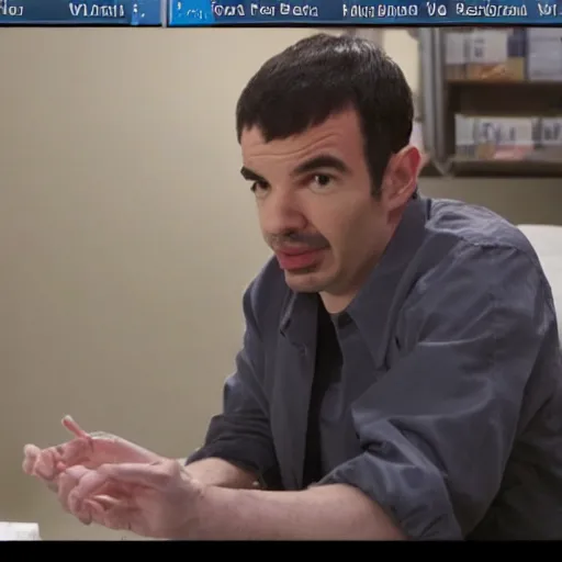 Prompt: Nathan Fielder helps Walter White with his struggling business, tv show screencap, 1080p